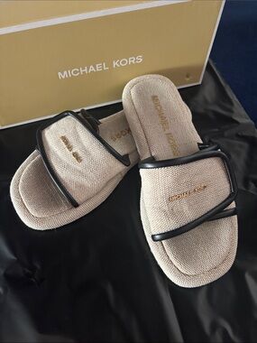 Michael Kors Cream Fabric Slide Sandals with Black Trim